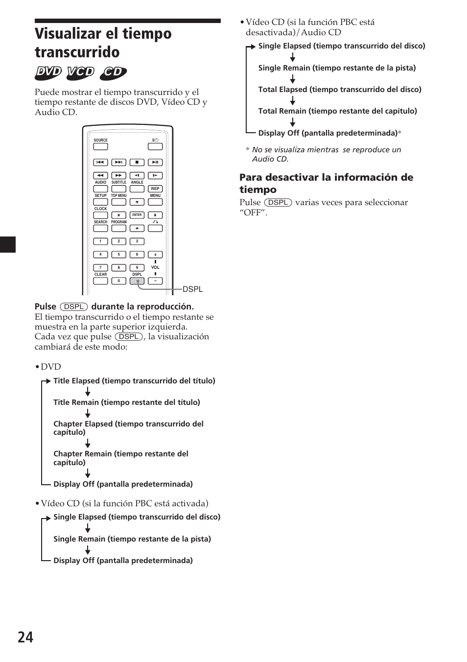 Visualizar el tiempo transcurrido, Para desactivar la información de tiempo, Pulse (dspl) varias veces para seleccionar “off | Vídeo cd (si la función pbc está activada) | Sony MV-700HR User Manual | Page 120 / 148