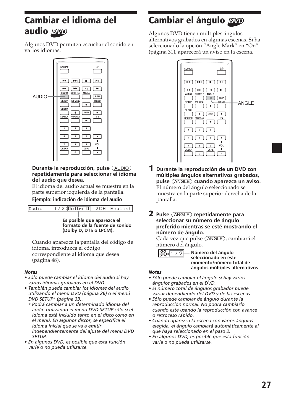 Cambiar el idioma del audio, Cambiar el ángulo, 27 cambiar el idioma del audio | Audio, Angle | Sony MV-700HR User Manual | Page 123 / 148