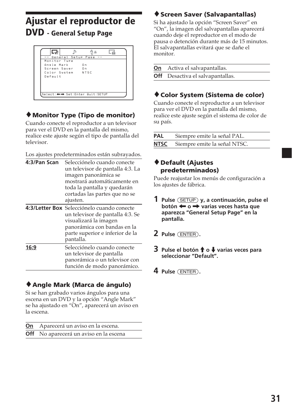 31 ajustar el reproductor de dvd, General setup page | Sony MV-700HR User Manual | Page 127 / 148