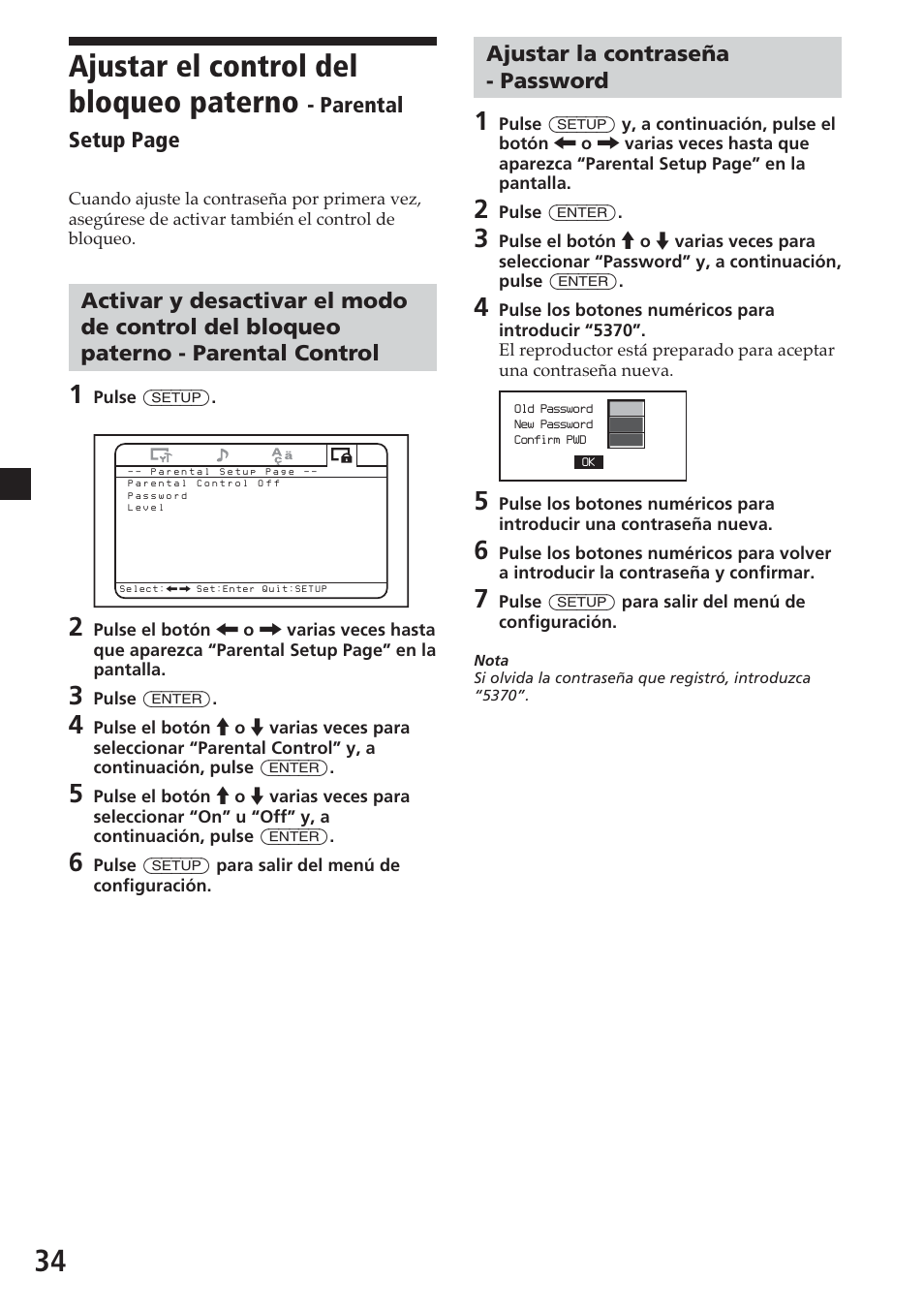 Ajustar la contraseña - password, 34 ajustar el control del bloqueo paterno | Sony MV-700HR User Manual | Page 130 / 148