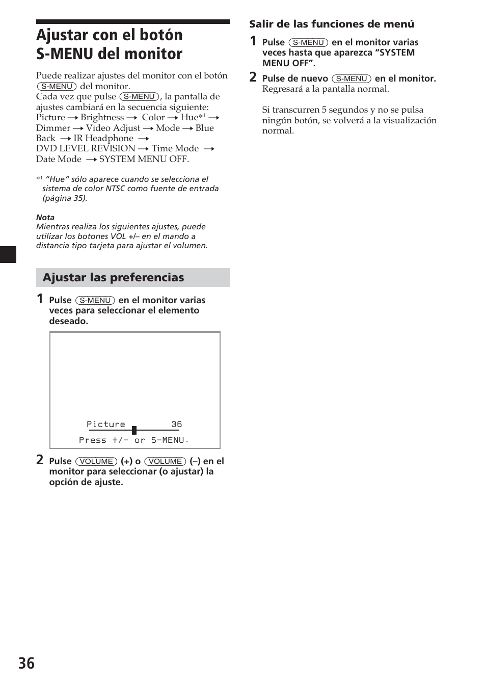 Ajustar con el botón s-menu del monitor, Ajustar las preferencias, 36 ajustar con el botón s-menu del monitor | Sony MV-700HR User Manual | Page 132 / 148