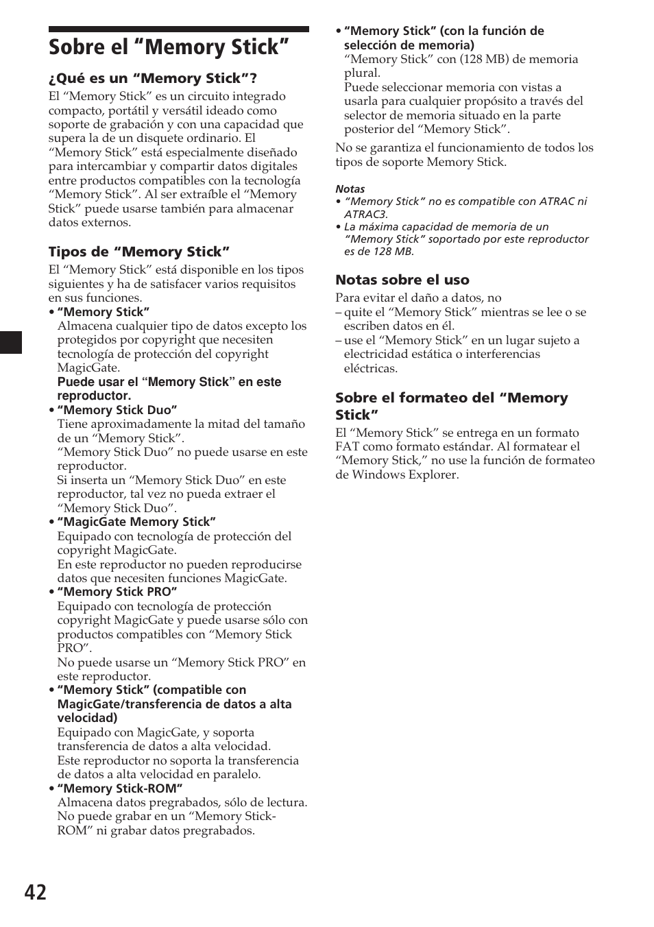 Sobre el “memory stick | Sony MV-700HR User Manual | Page 138 / 148