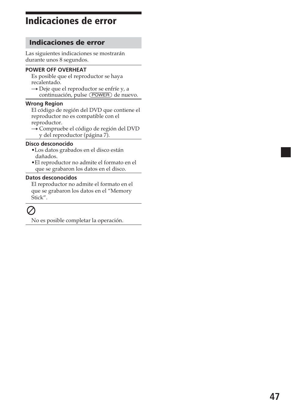 Indicaciones de error, 47 indicaciones de error | Sony MV-700HR User Manual | Page 143 / 148