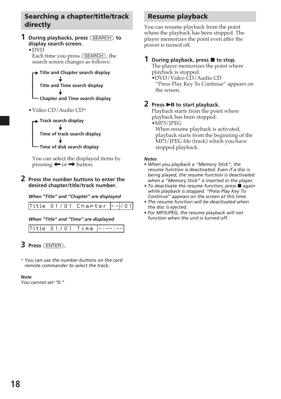 Searching a chapter/title/track directly, Resume playback | Sony MV-700HR User Manual | Page 18 / 148