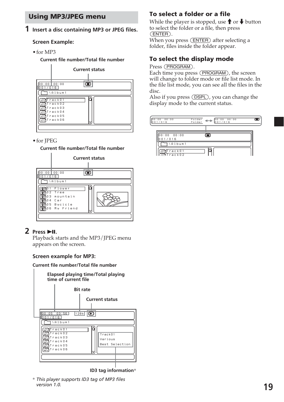 Using mp3/jpeg menu, For jpeg | Sony MV-700HR User Manual | Page 19 / 148