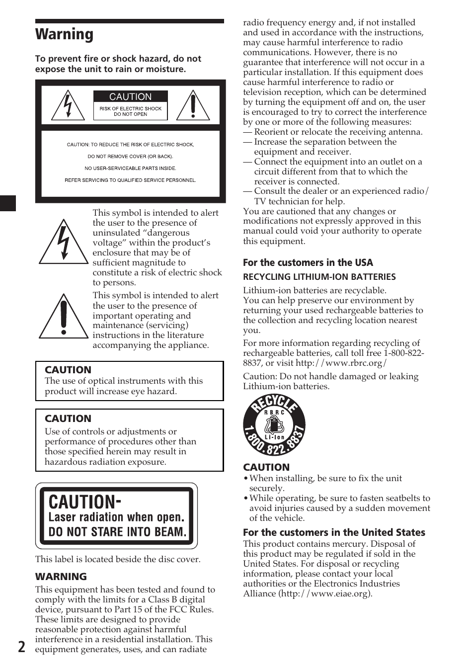 Warning, 2warning | Sony MV-700HR User Manual | Page 2 / 148