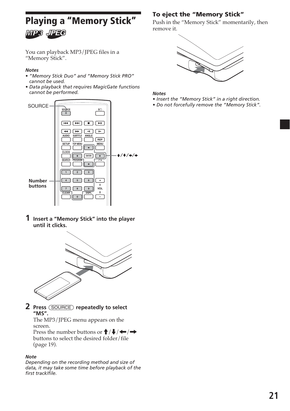 Playing a “memory stick | Sony MV-700HR User Manual | Page 21 / 148