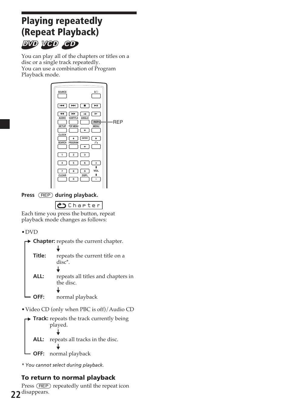 Playing repeatedly (repeat playback), 22 playing repeatedly (repeat playback), Press (rep) during playback | Sony MV-700HR User Manual | Page 22 / 148