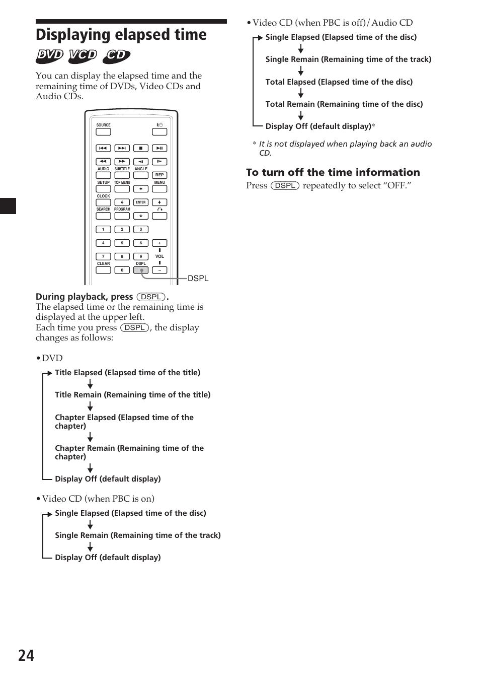 Displaying elapsed time, Video cd (when pbc is off)/audio cd, Press (dspl) repeatedly to select “off | Video cd (when pbc is on) | Sony MV-700HR User Manual | Page 24 / 148