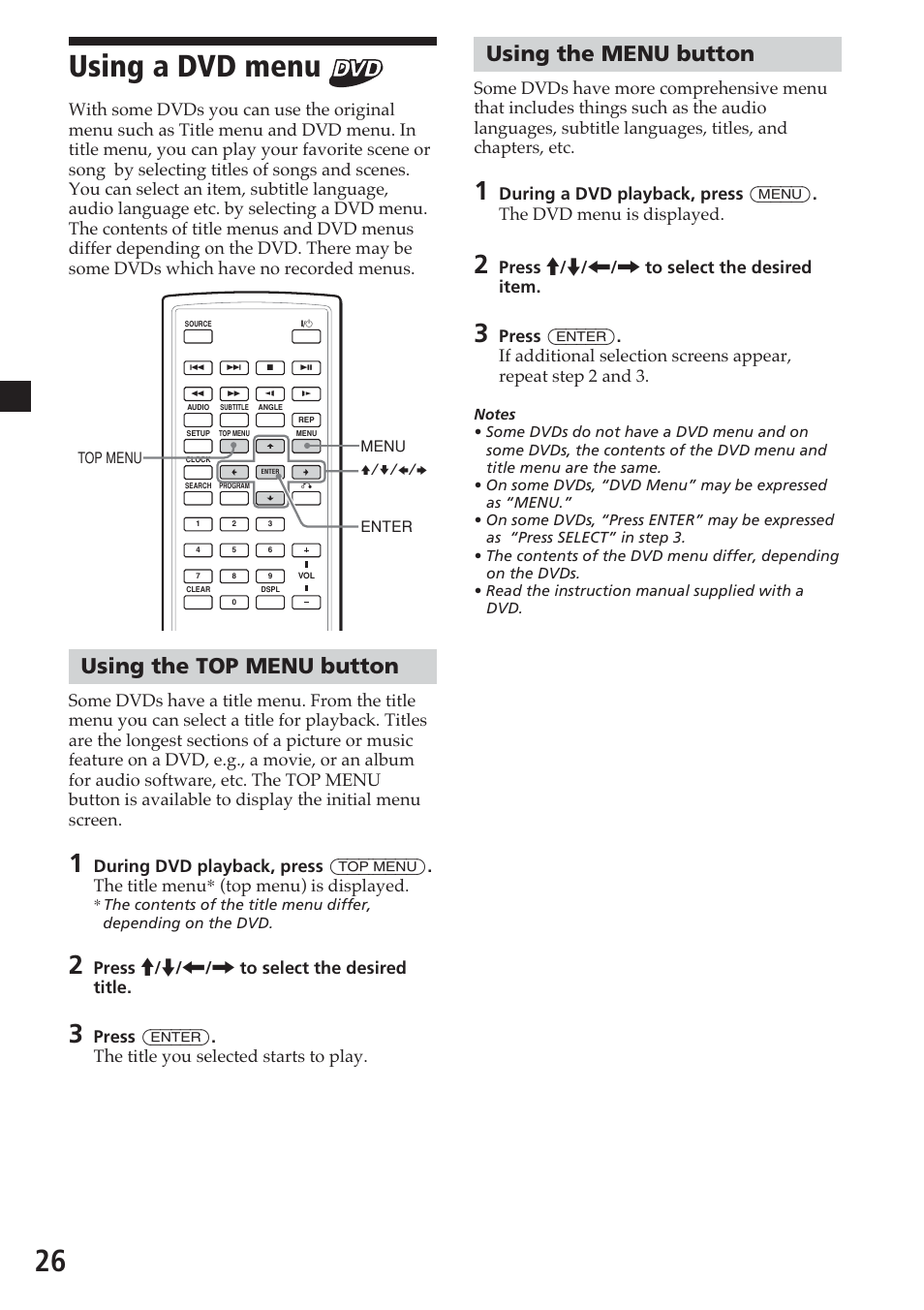 Using a dvd menu, Using the top menu button, Using the menu button | Press m / m / < / , to select the desired item, Press m / m / < / , to select the desired title | Sony MV-700HR User Manual | Page 26 / 148