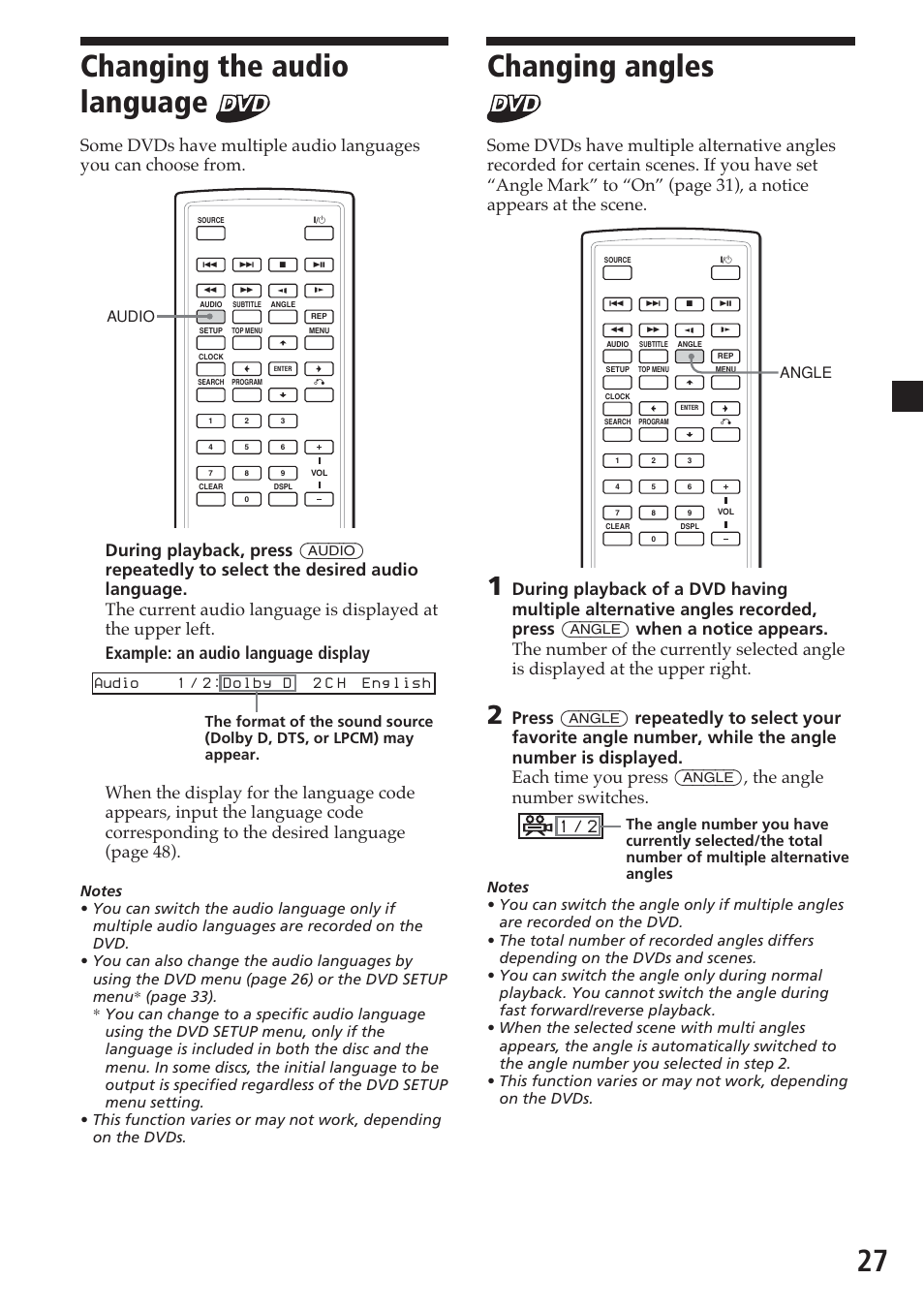 Changing the audio language, Changing angles, 27 changing the audio language | Audio, Angle | Sony MV-700HR User Manual | Page 27 / 148