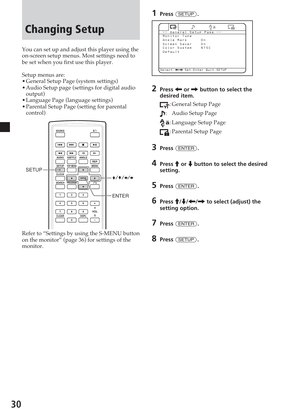 Changing setup, Press (setup), Press (enter) | Press m or m button to select the desired setting | Sony MV-700HR User Manual | Page 30 / 148