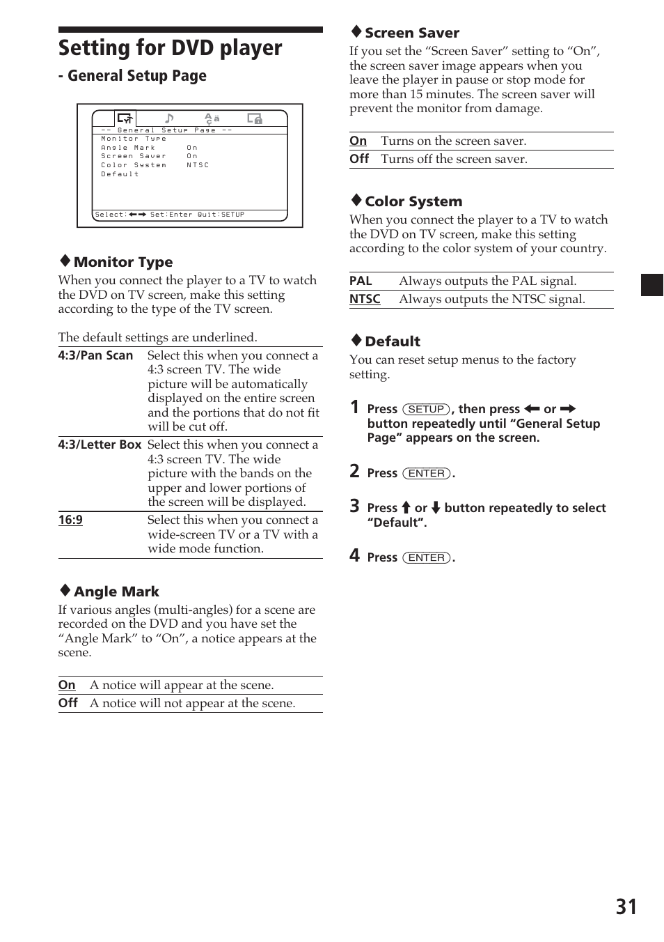 31 setting for dvd player, General setup page | Sony MV-700HR User Manual | Page 31 / 148