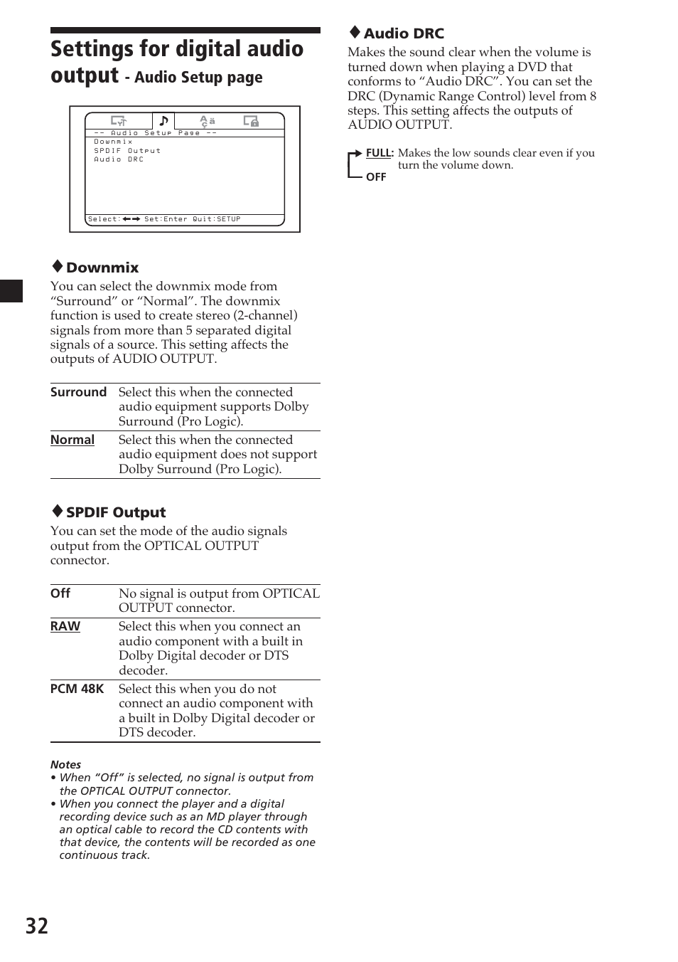 32 settings for digital audio output, Audio setup page | Sony MV-700HR User Manual | Page 32 / 148