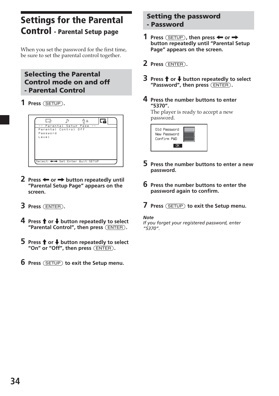 Setting the password - password, 34 settings for the parental control | Sony MV-700HR User Manual | Page 34 / 148