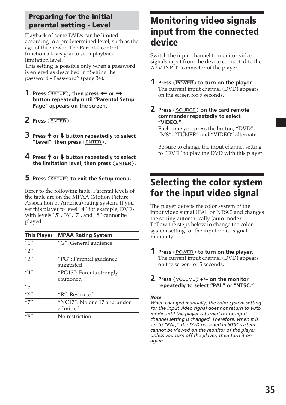 Preparing for the initial parental setting - level | Sony MV-700HR User Manual | Page 35 / 148