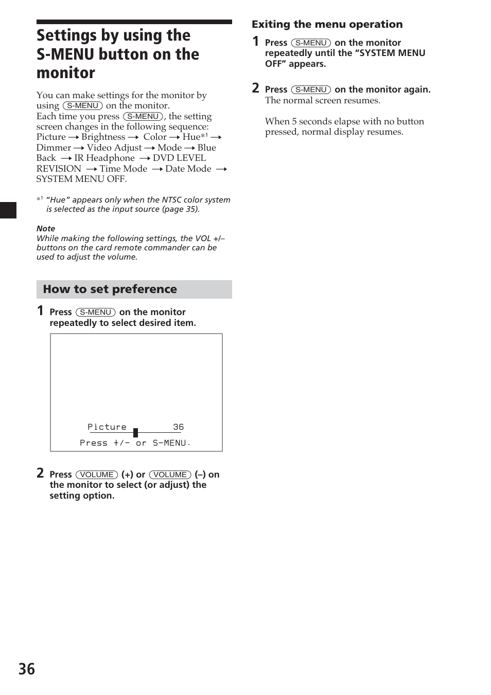 Settings by using the s-menu button on the monitor, How to set preference | Sony MV-700HR User Manual | Page 36 / 148