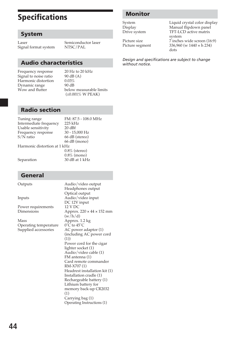 Specifications, System, Audio characteristics | Radio section, General, Monitor, 44 specifications | Sony MV-700HR User Manual | Page 44 / 148