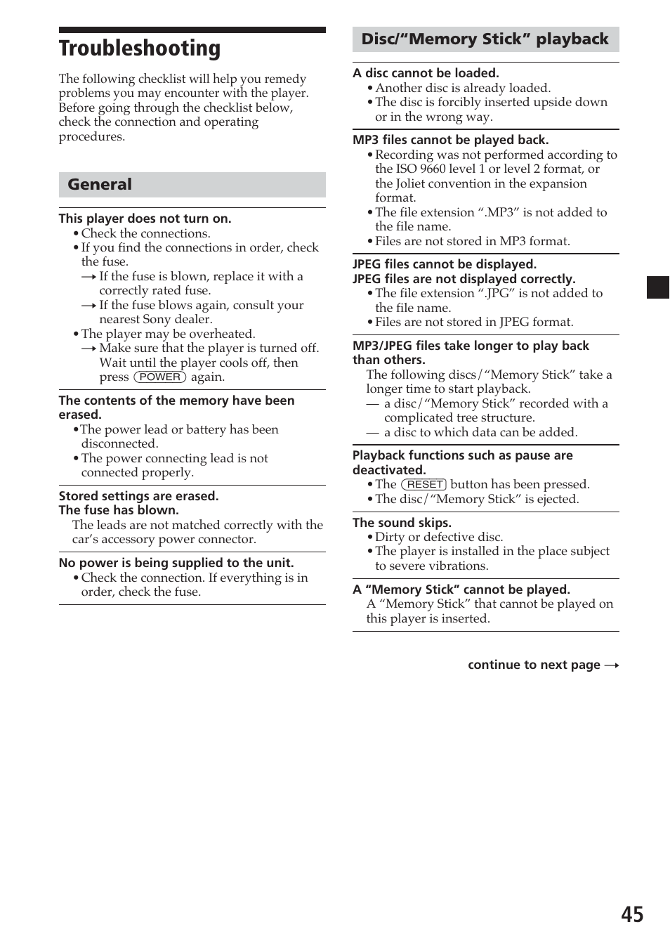 Troubleshooting, General, Disc/“memory stick” playback | 45 troubleshooting | Sony MV-700HR User Manual | Page 45 / 148