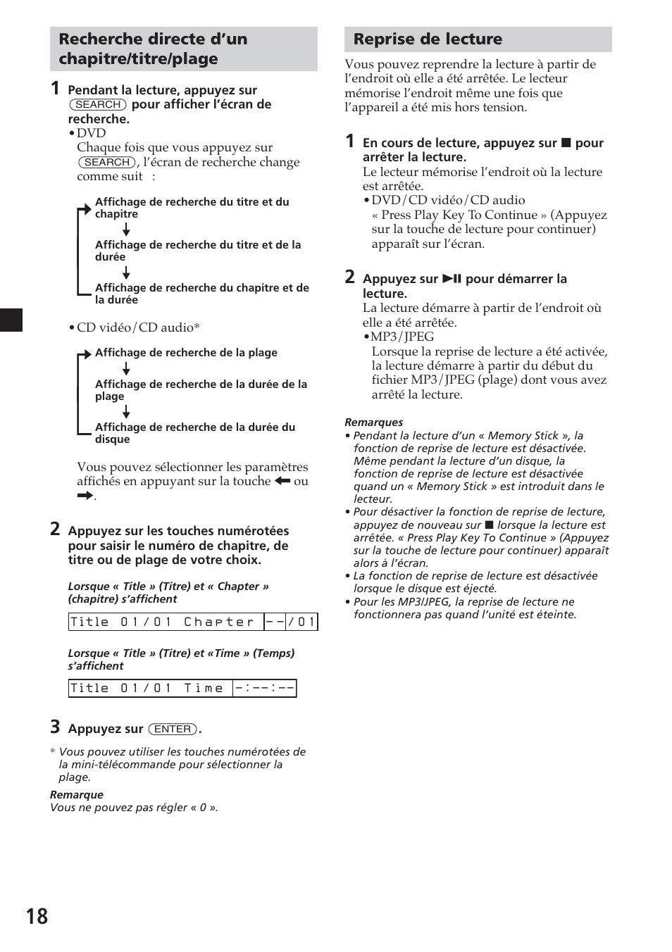 Recherche directe d’un chapitre/titre/plage, Reprise de lecture | Sony MV-700HR User Manual | Page 66 / 148