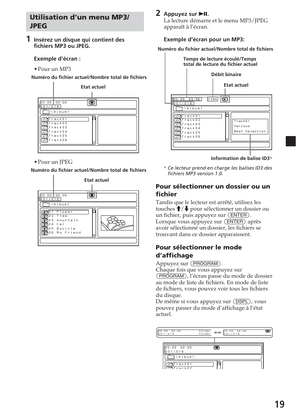 Utilisation d’un menu mp3/jpeg, Utilisation d’un menu mp3/ jpeg, Pour sélectionner un dossier ou un fichier | Pour sélectionner le mode d’affichage, Pour un jpeg | Sony MV-700HR User Manual | Page 67 / 148