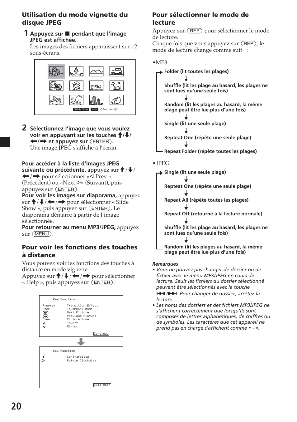 Pour sélectionner le mode de lecture, Utilisation du mode vignette du disque jpeg, Pour voir les fonctions des touches à distance | Jpeg | Sony MV-700HR User Manual | Page 68 / 148