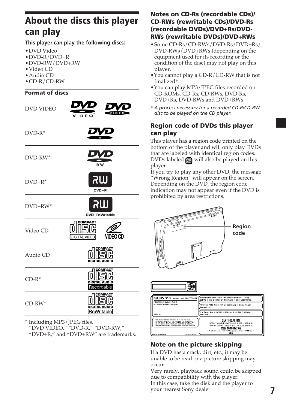 About the discs this player can play, 7about the discs this player can play | Sony MV-700HR User Manual | Page 7 / 148