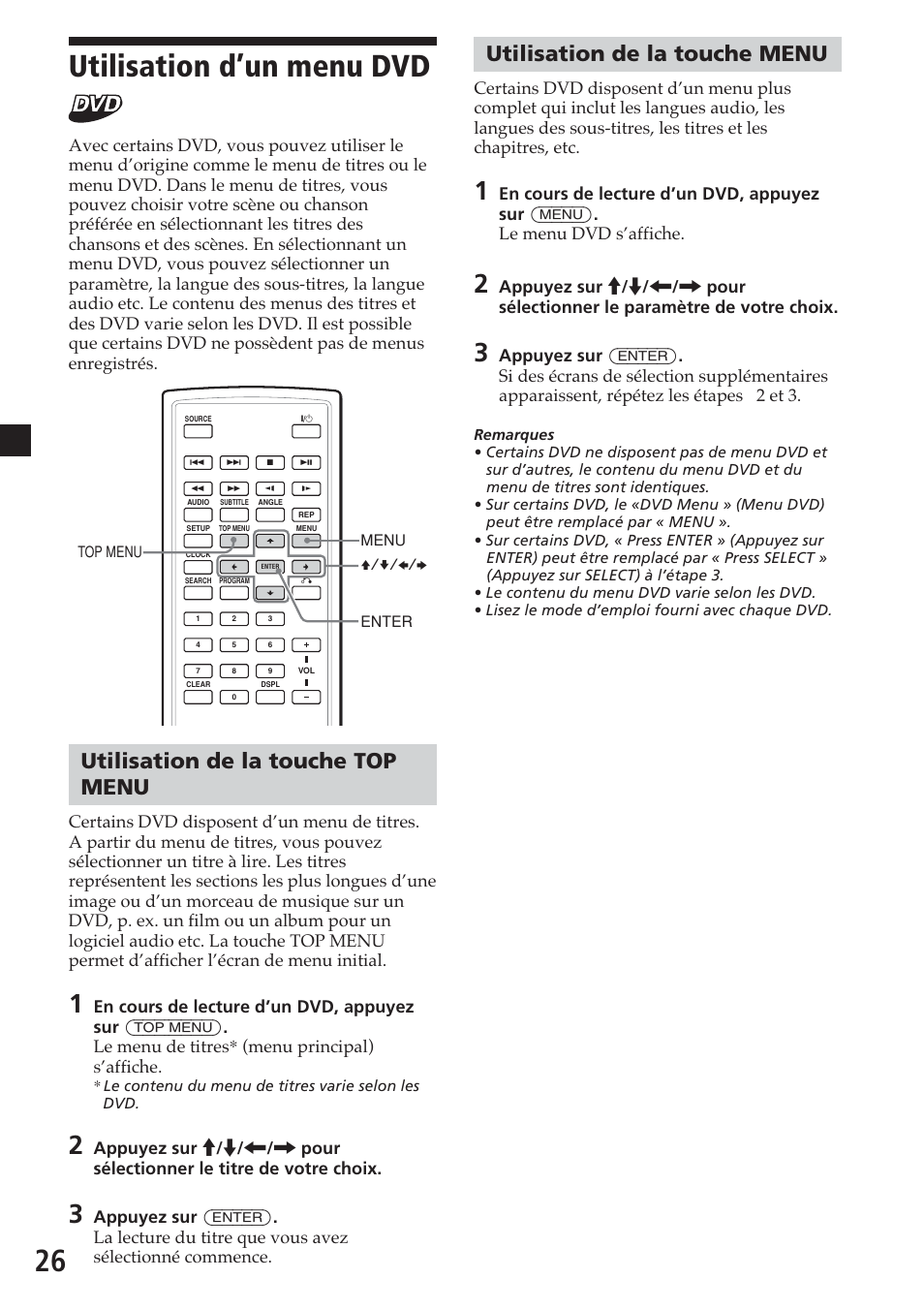 Utilisation d’un menu dvd, Utilisation de la touche top menu, Utilisation de la touche menu | Sony MV-700HR User Manual | Page 74 / 148