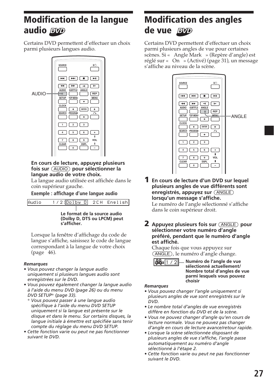 Modification de la langue audio, Modification des angles de vue, 27 modification de la langue audio | Audio, Angle | Sony MV-700HR User Manual | Page 75 / 148