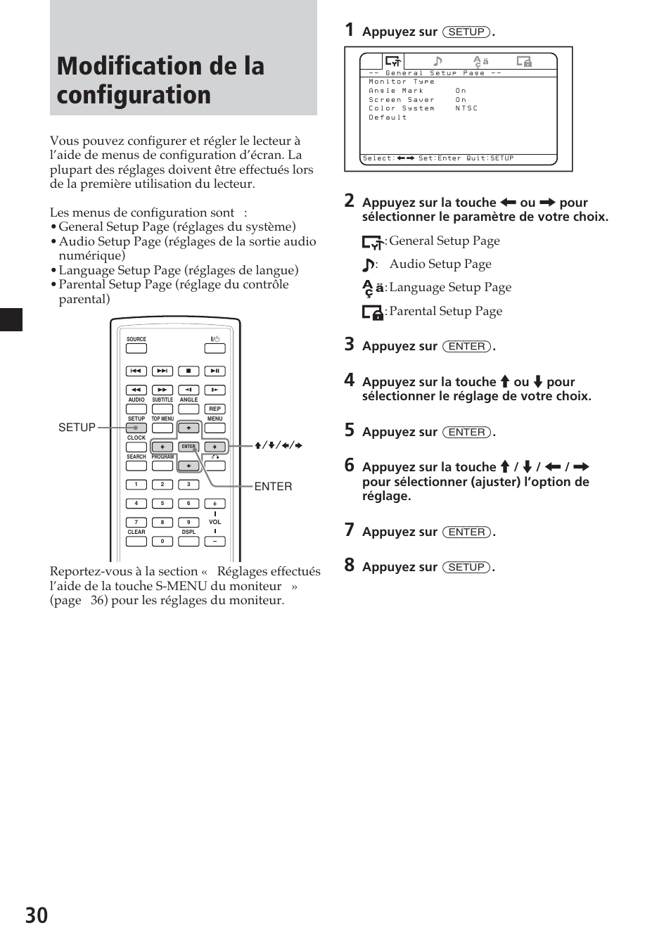 Modification de la configuration, Appuyez sur (setup), Appuyez sur (enter) | Sony MV-700HR User Manual | Page 78 / 148