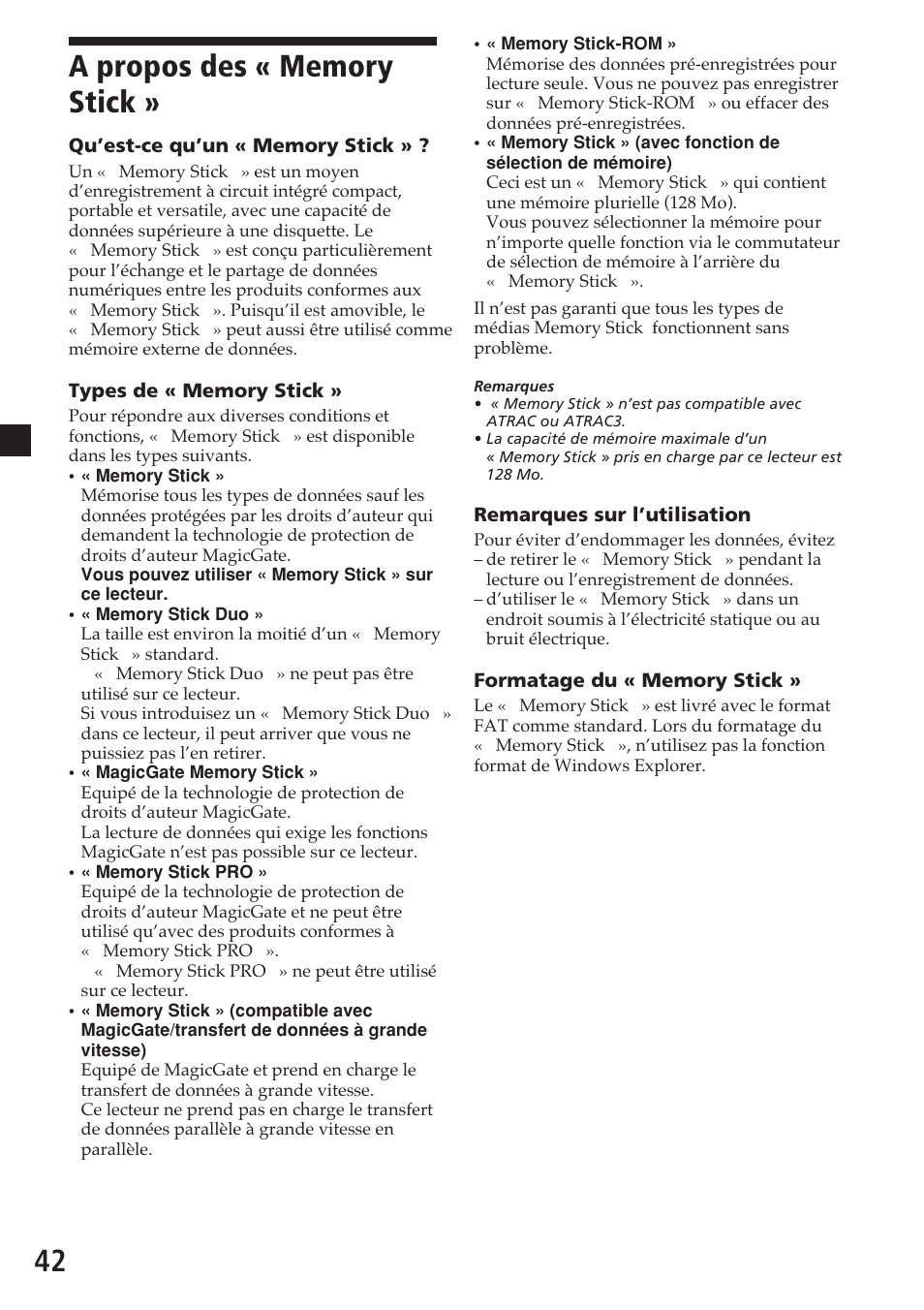 A propos des « memory stick | Sony MV-700HR User Manual | Page 90 / 148