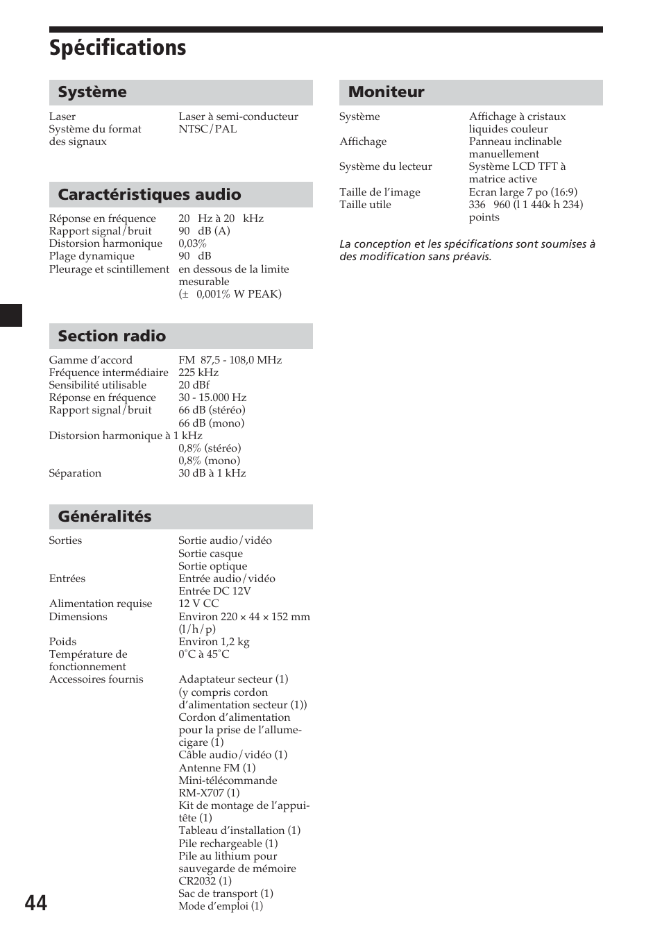 Spécifications, Système, Caractéristiques audio | Section radio, Généralités, Moniteur, 44 spécifications | Sony MV-700HR User Manual | Page 92 / 148