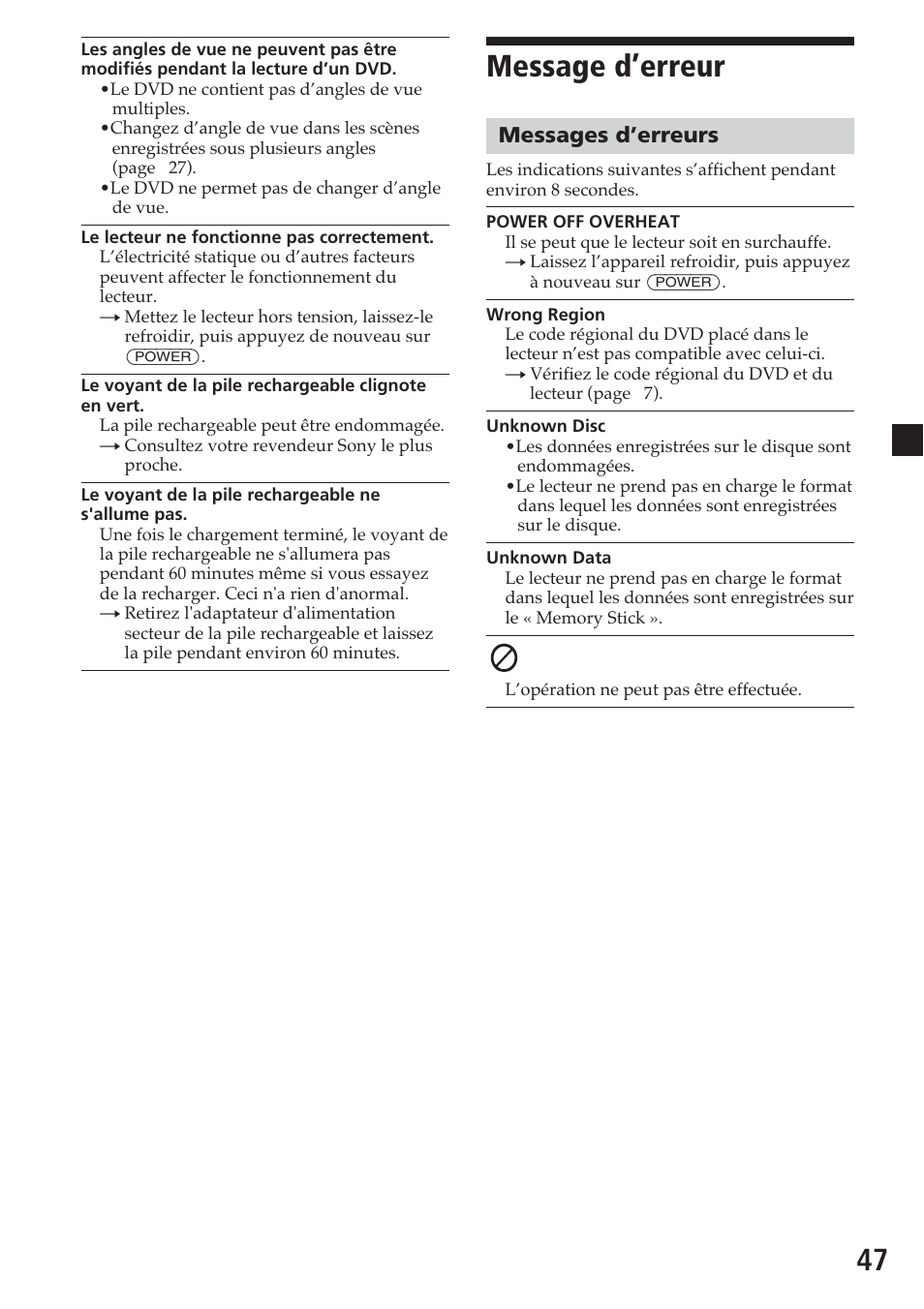 Message d’erreur, Messages d’erreurs | Sony MV-700HR User Manual | Page 95 / 148