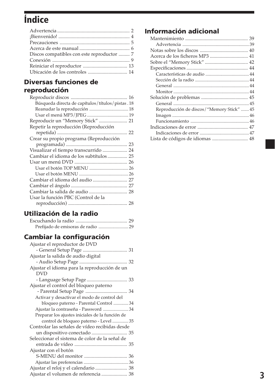 Índice, 3índice, Diversas funciones de reproducción | Utilización de la radio, Cambiar la configuración, Información adicional | Sony MV-700HR User Manual | Page 99 / 148