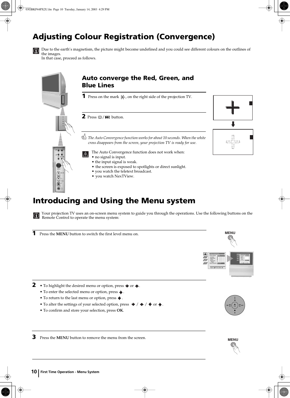 Adjusting colour registration (convergence), Introducing and using the menu system, Auto converge the red, green, and blue lines 1 | Sony KP-44PX2U User Manual | Page 10 / 28