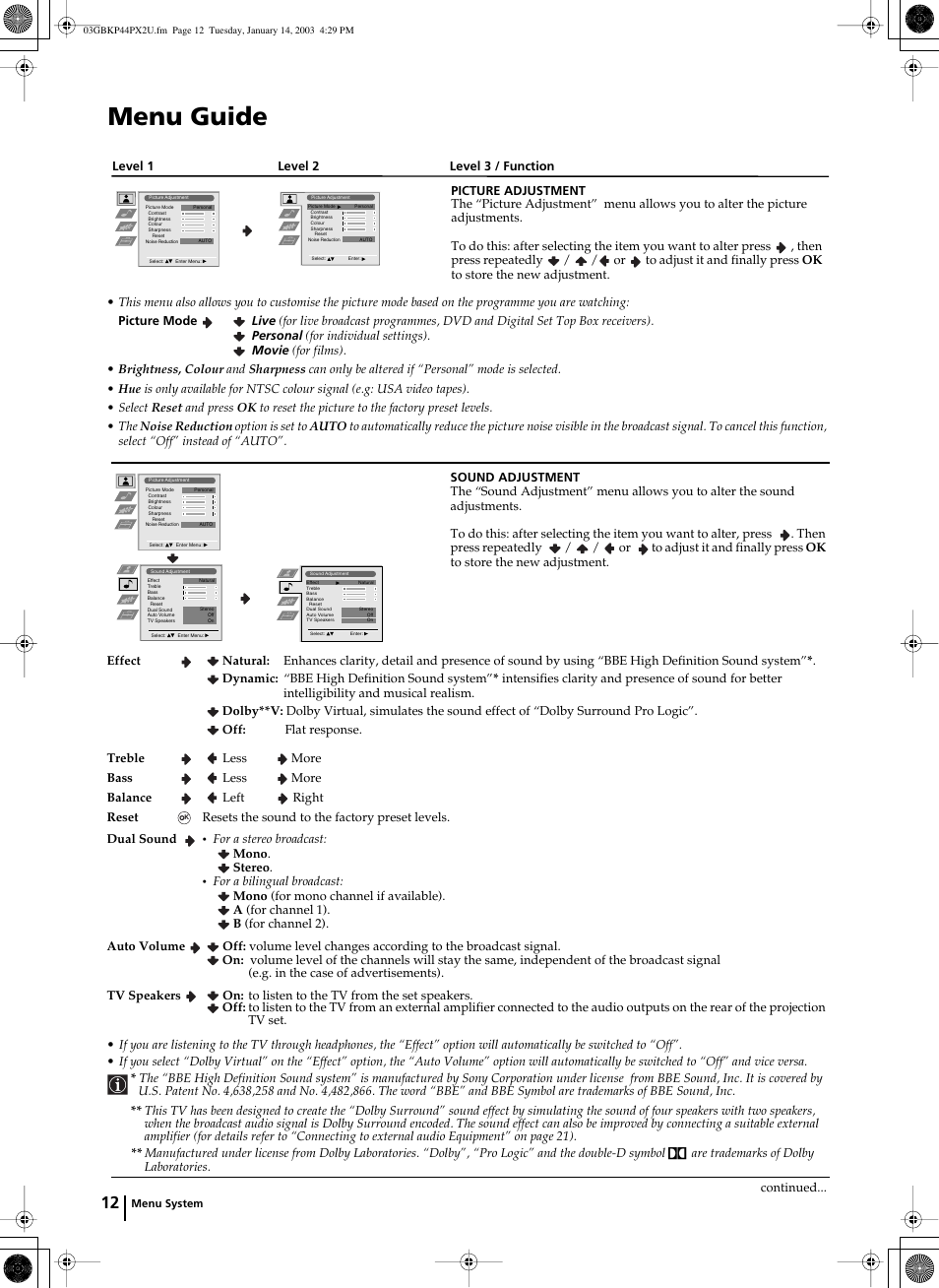 Menu guide | Sony KP-44PX2U User Manual | Page 12 / 28