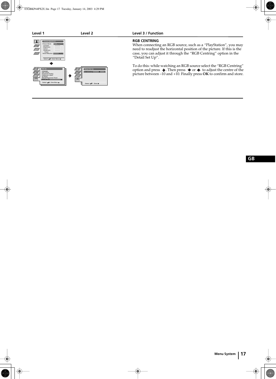 17 gb, Menu system | Sony KP-44PX2U User Manual | Page 17 / 28