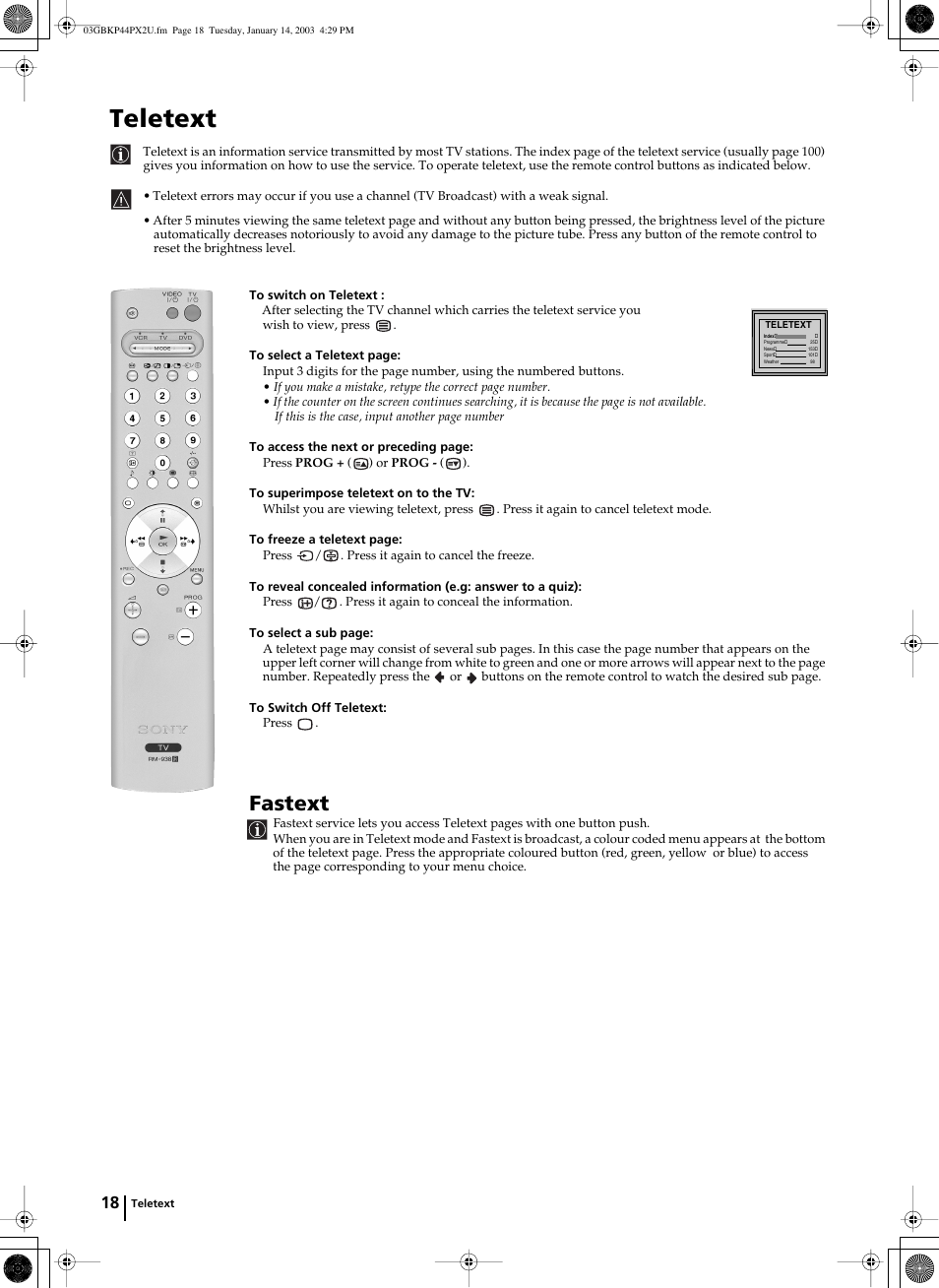 Teletext, Fastext | Sony KP-44PX2U User Manual | Page 18 / 28