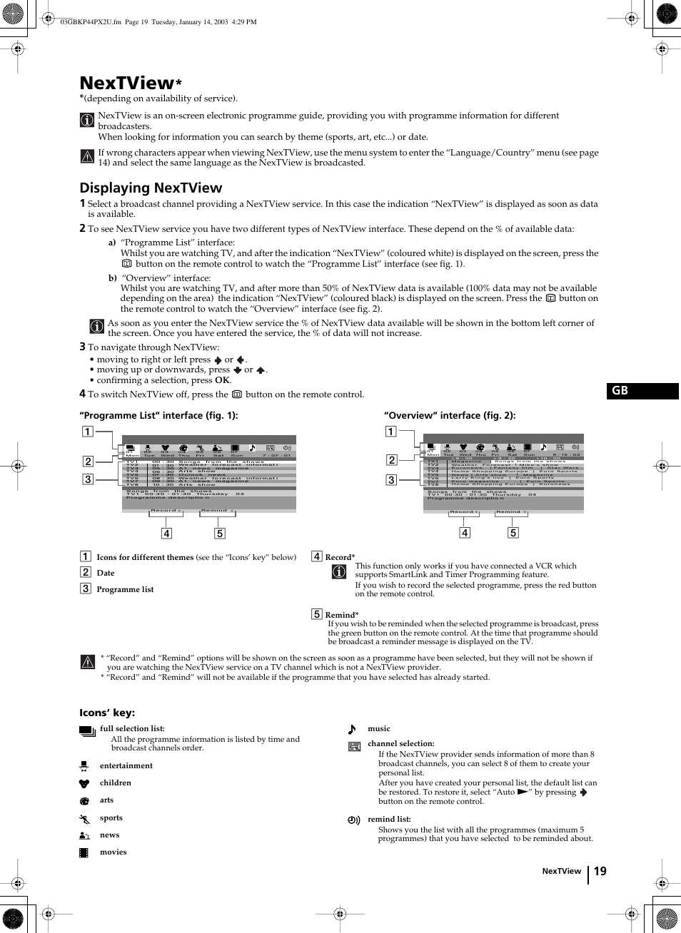 Nextview, Displaying nextview, 19 gb | Icons’ key: 1 | Sony KP-44PX2U User Manual | Page 19 / 28