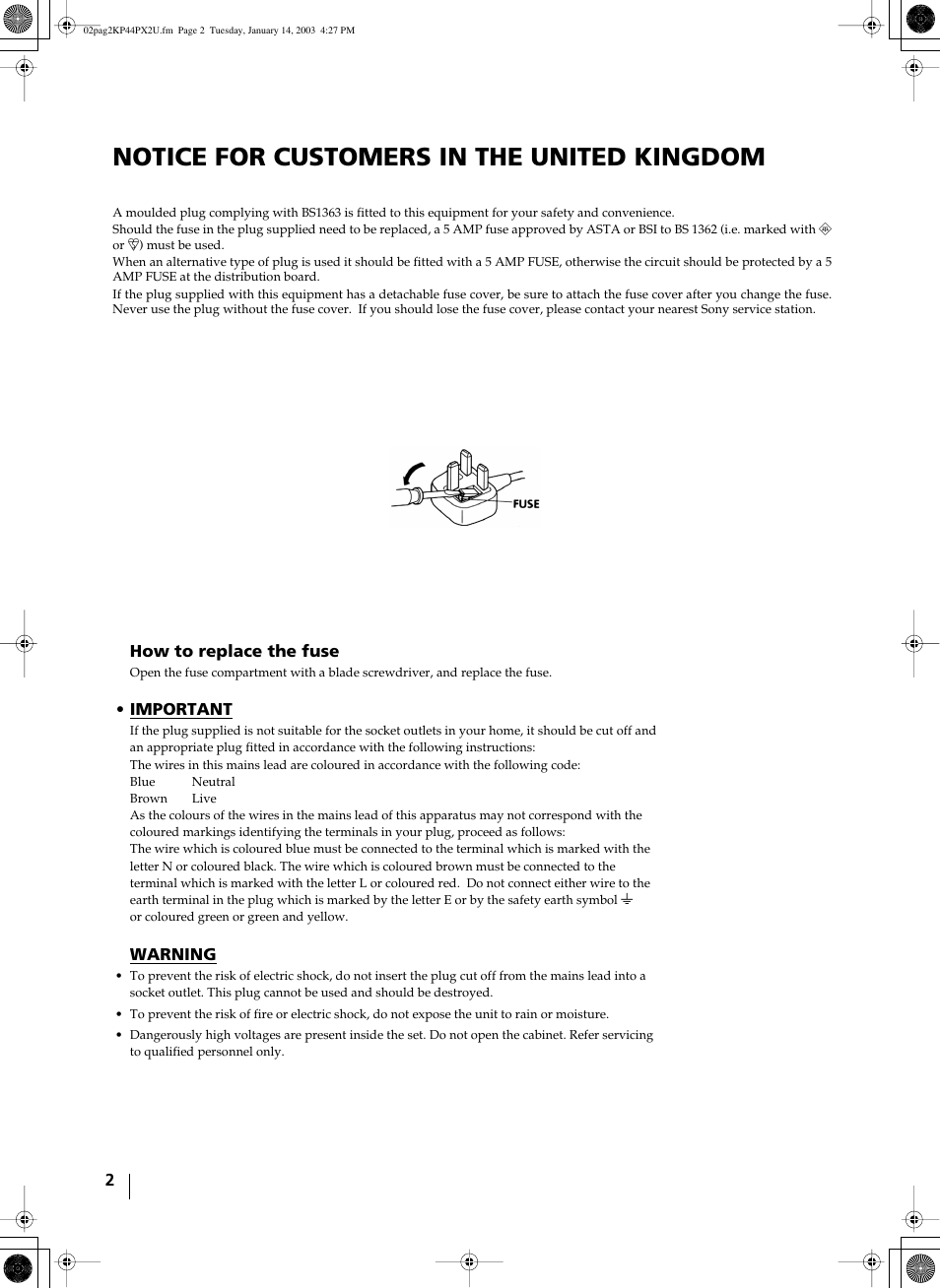 Notice for customers in the united kingdom | Sony KP-44PX2U User Manual | Page 2 / 28