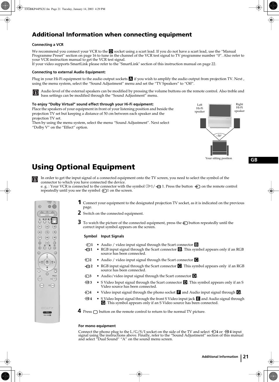 Using optional equipment, Additional information when connecting equipment, 21 gb | Sony KP-44PX2U User Manual | Page 21 / 28