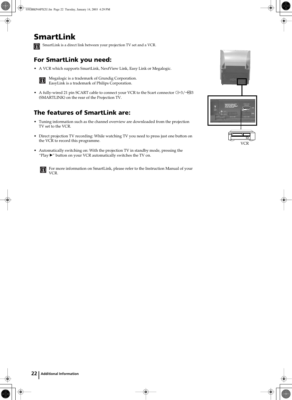 Smartlink, For smartlink you need, The features of smartlink are | Sony KP-44PX2U User Manual | Page 22 / 28