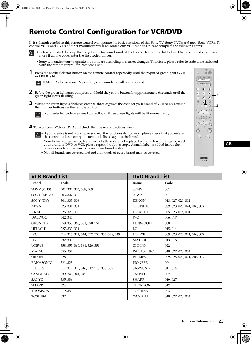 Remote control configuration for vcr/dvd, Vcr brand list dvd brand list, 23 gb | Sony KP-44PX2U User Manual | Page 23 / 28