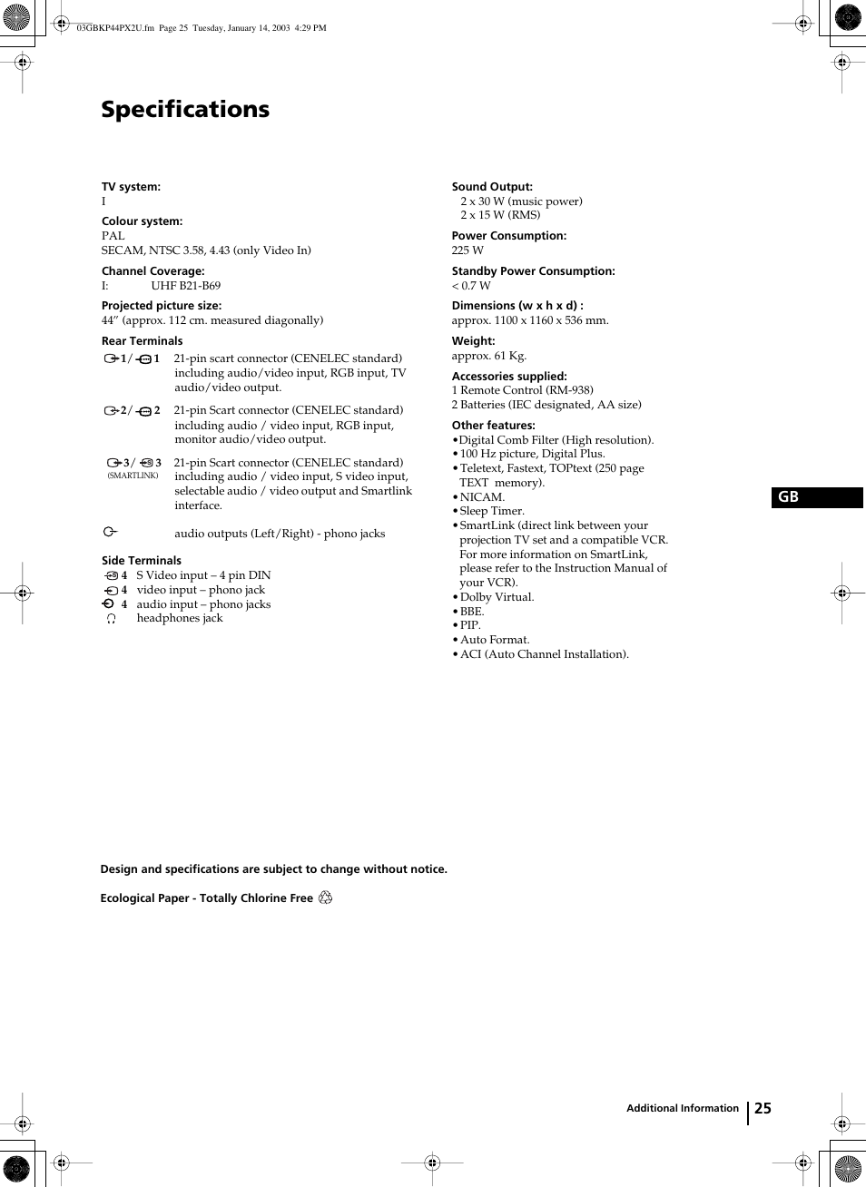 Specifications, 25 gb | Sony KP-44PX2U User Manual | Page 25 / 28