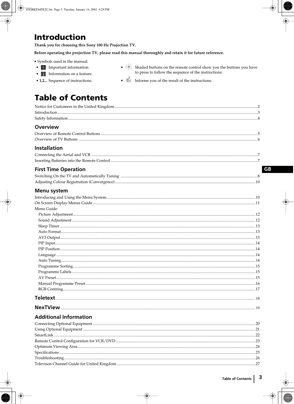 Sony KP-44PX2U User Manual | Page 3 / 28