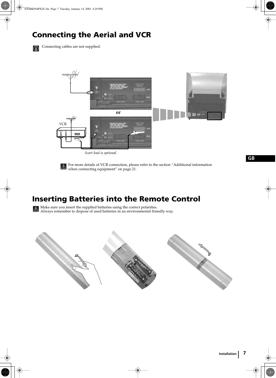 Connecting the aerial and vcr, Inserting batteries into the remote control | Sony KP-44PX2U User Manual | Page 7 / 28