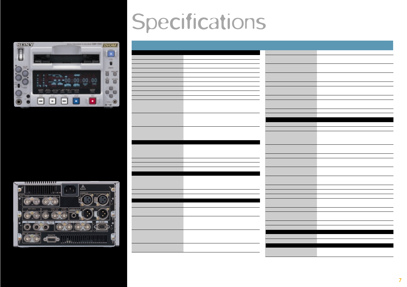 Specifications, Drs-1500p | Sony DSR-1500P User Manual | Page 7 / 8