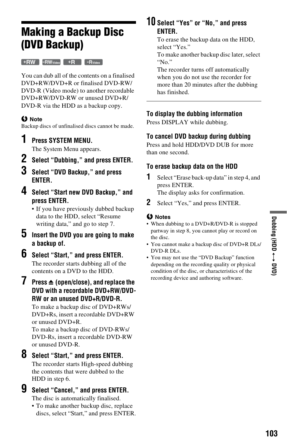 Making a backup disc (dvd backup) | Sony RDR-HXD970 User Manual | Page 103 / 172