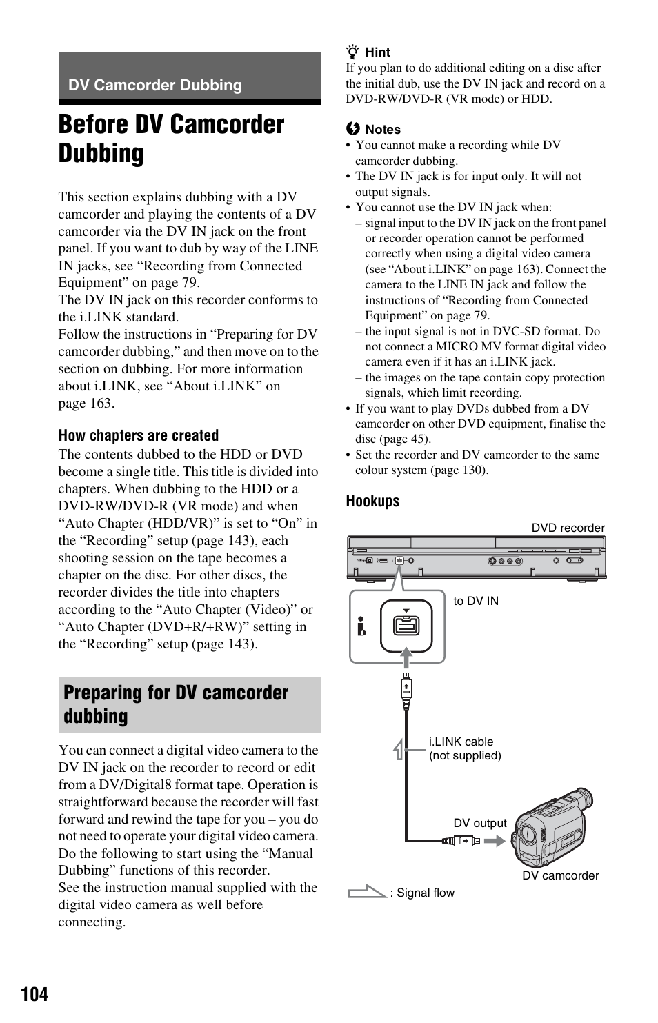 Dv camcorder dubbing, Before dv camcorder dubbing, Preparing for dv camcorder dubbing | Sony RDR-HXD970 User Manual | Page 104 / 172