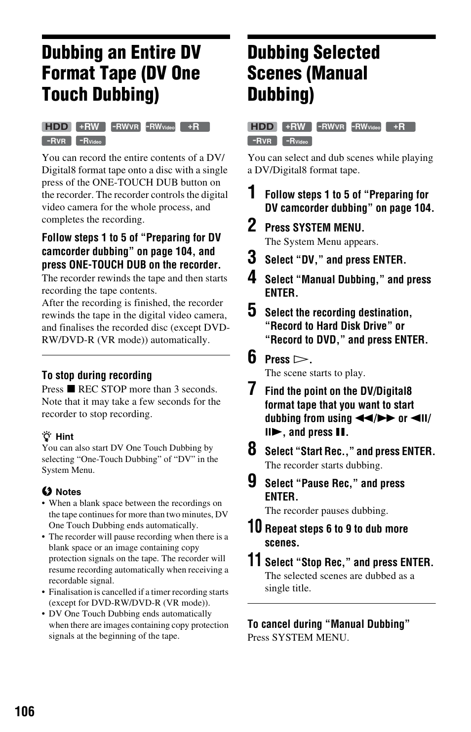 Dubbing selected scenes (manual dubbing) | Sony RDR-HXD970 User Manual | Page 106 / 172